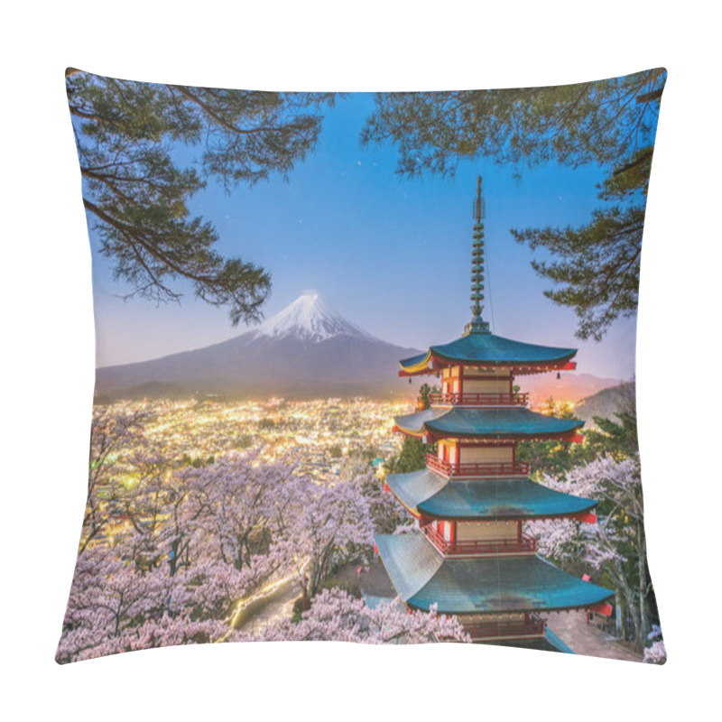 Personality  Fujiyoshida, Japan With Mt. Fuji And Chureito Pagoda Pillow Covers