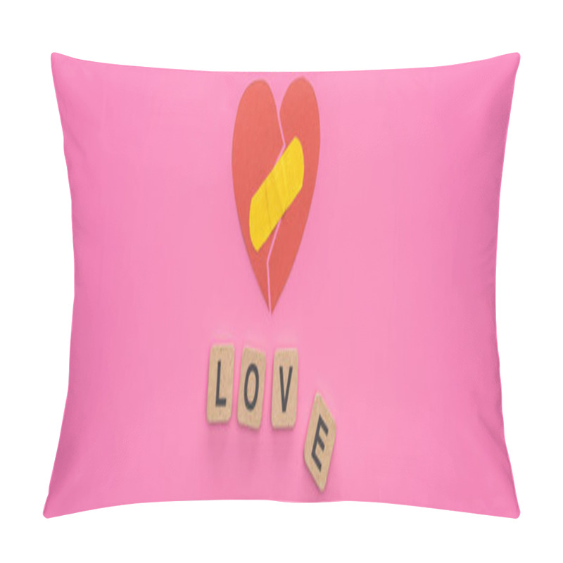 Personality  Top View Of Love Lettering On Wooden Cubes Near Broken Heart With Patch On Pink Background Pillow Covers