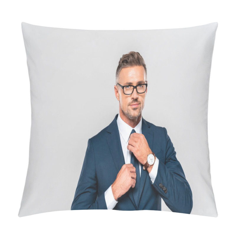 Personality  Portrait Of Handsome Businessman In Suit And Glasses Tying Tie Isolated On White Pillow Covers