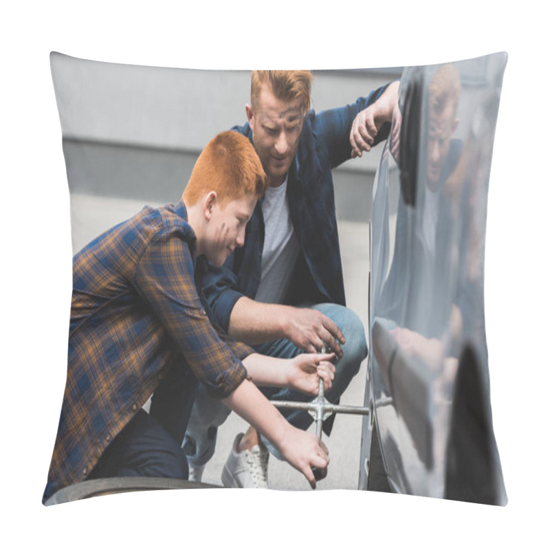 Personality  Side View Of Father And Son Changing Tire In Car With Wheel Wrench Pillow Covers