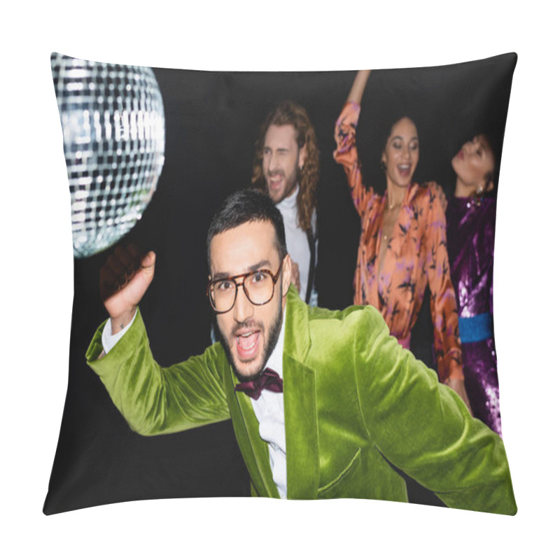 Personality  Positive Young Adult Arab Man In Glasses Dancing With Multiracial Friends In Colorful Clothes In Night Club On Black Background Pillow Covers