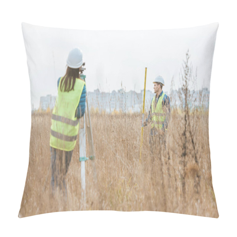 Personality  Surveyors Working With Digital Level And Ruler In Field Pillow Covers