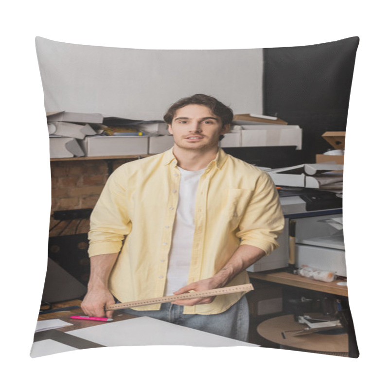 Personality  Good Looking Printing Operator Holding Ruler And Looking At Camera In Modern Print Center  Pillow Covers