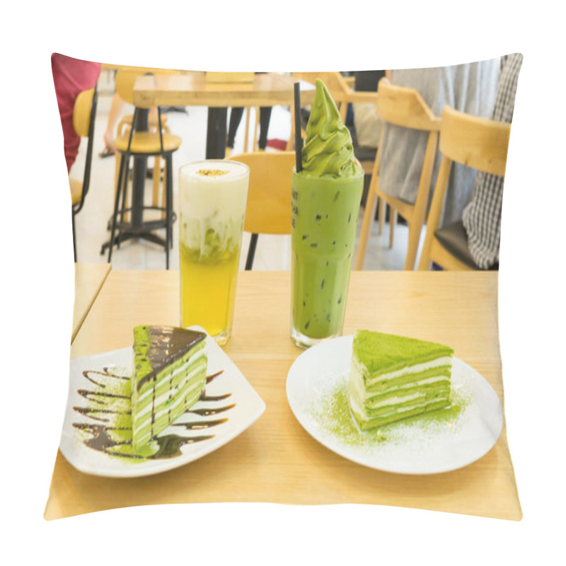 Personality  Tasty Matcha Cake With Cold Tea For Dessert In A Korean Restaurant. Pillow Covers