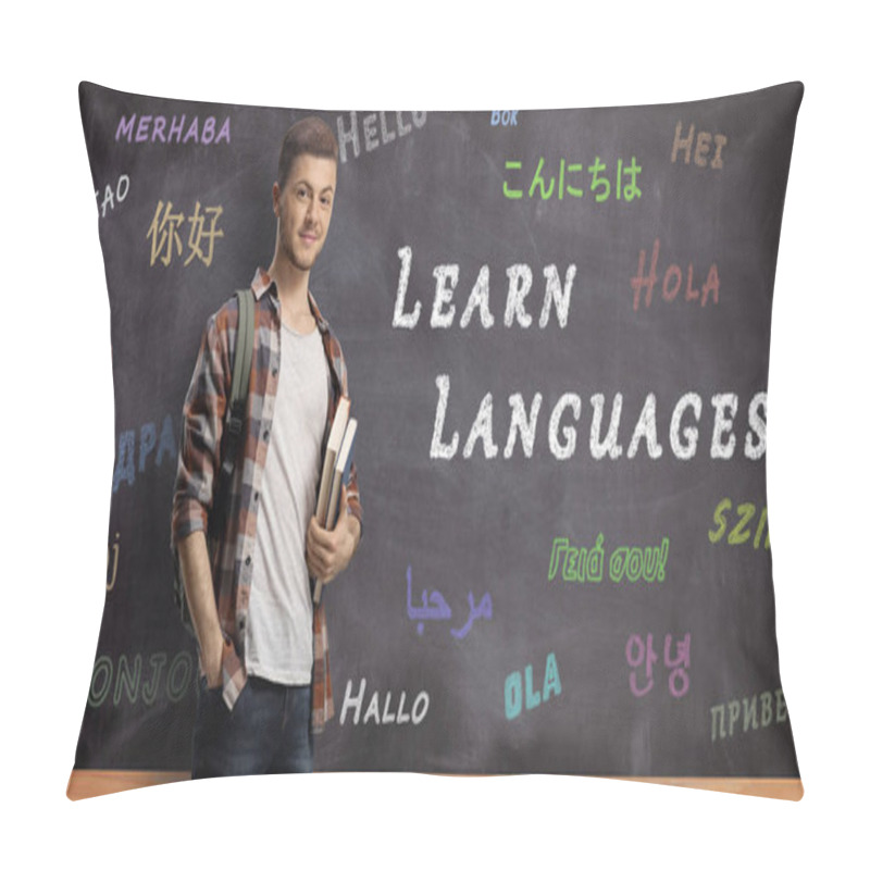 Personality  Male Student With Books Standing In Front Of A Blackboard With T Pillow Covers