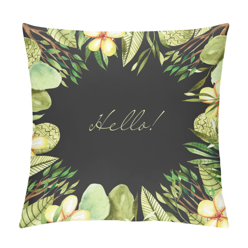 Personality  Watercolor Tropical Plants And Flowers Frame Border, Card Template, Hand Painted On A Dark Background Pillow Covers