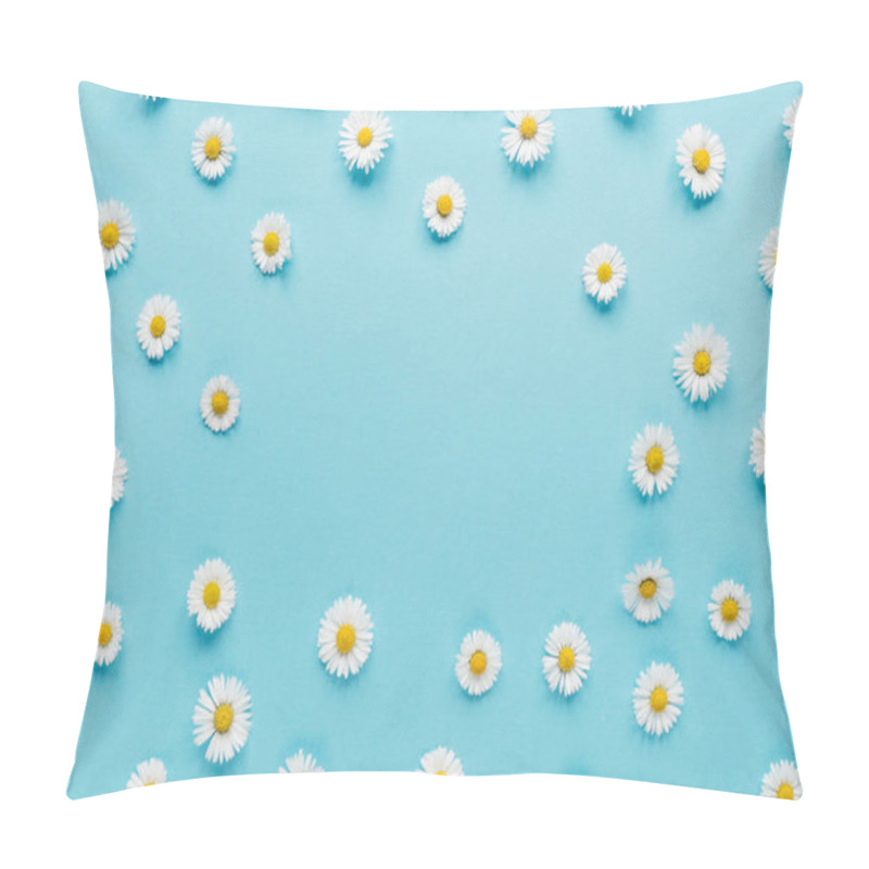 Personality  Flowers Composition. Frame Of Chamomile Flowers On Pastel Blue Background. Spring, Summer Concept. Flat Lay, Top View, Copy Space Pillow Covers