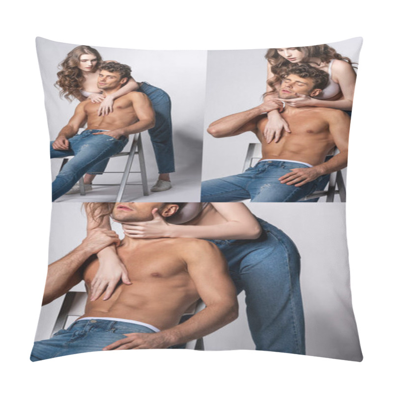 Personality  Collage Of Attractive Young Woman Touching Handsome And Shirtless Man In Jeans Sitting With Hand In Pocket On Grey  Pillow Covers