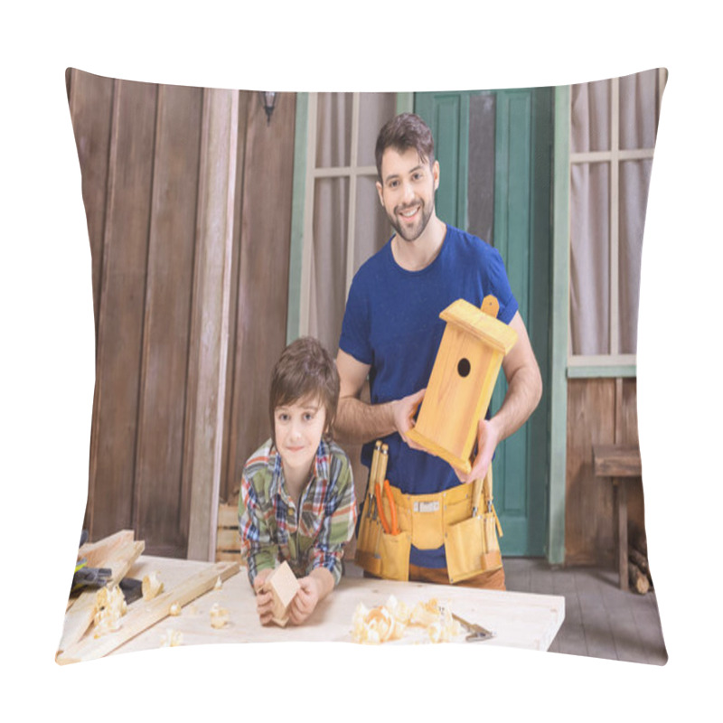 Personality  Father And Son Making Birdhouses  Pillow Covers