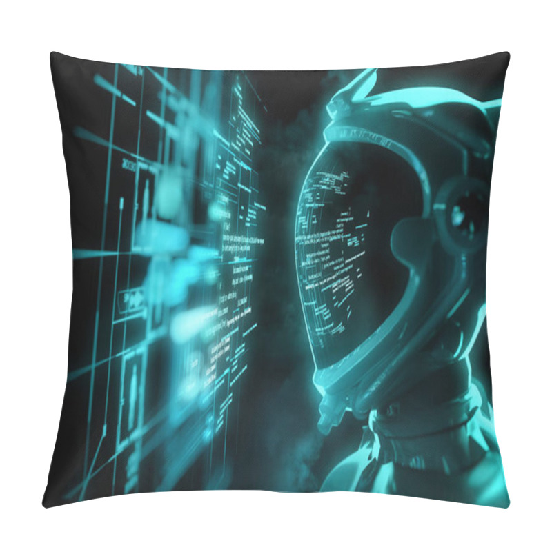 Personality  A Futuristic Spaceman Reading Programming Code With It Being Reflected Over His Space Helmet. Future Concept. 3D Illustration Pillow Covers