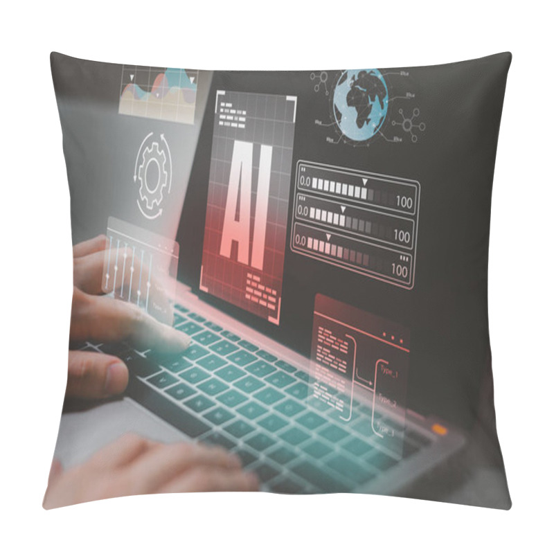 Personality  Engineer Working On Laptop, Deep Analysis, And Program Development, Using Python Code For Deep Learning And Real-time Data Analysis, Focusing On Automation And Innovation In AI Technology. Pillow Covers