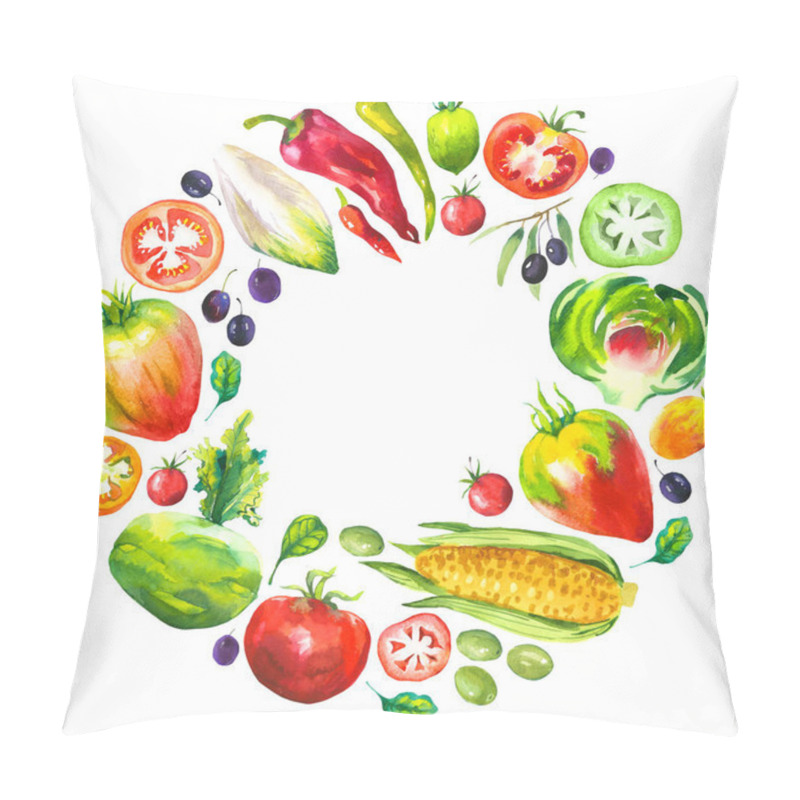 Personality  Watercolor Illustration With Round Composition Of Farm Illustrations. Vegetables Set: Artichokes, Tomato, Olives, Cauliflower, Chicory, Corn, Tomato, Spinach, Peppers. Fresh Organic Food. Pillow Covers