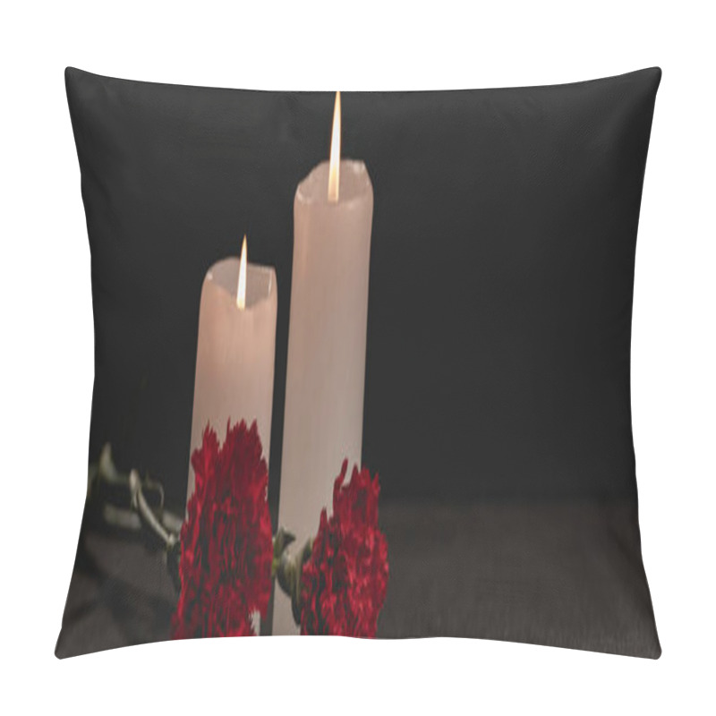 Personality  Red Carnation Flowers And Candles On Black Background, Funeral Concept, Banner Pillow Covers