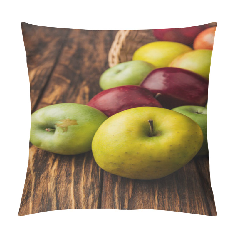 Personality  Wicker Basket With Scattered Yellow, Green And Red Apples On Wooden Table Pillow Covers