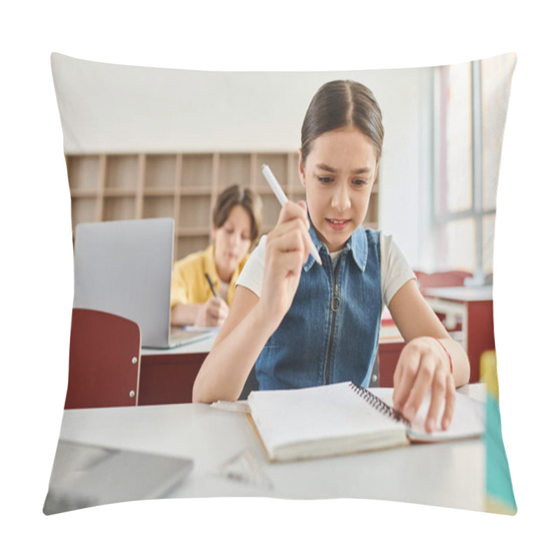 Personality  A Young Girl Sits At A Desk, Holding A Pen And Notebook, Fully Engaged In Writing Or Drawing. Pillow Covers