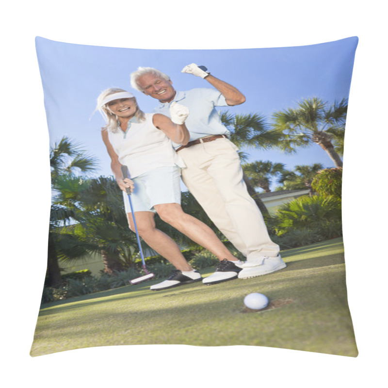 Personality  Happy Senior Couple Playing Golf Putting On Green Pillow Covers