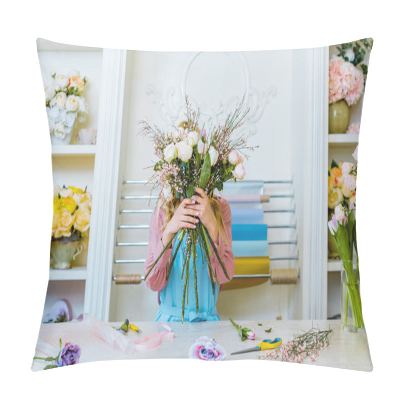 Personality  Female Florist Holding Bouquet In Front Of Face At Counter In Flower Shop Pillow Covers