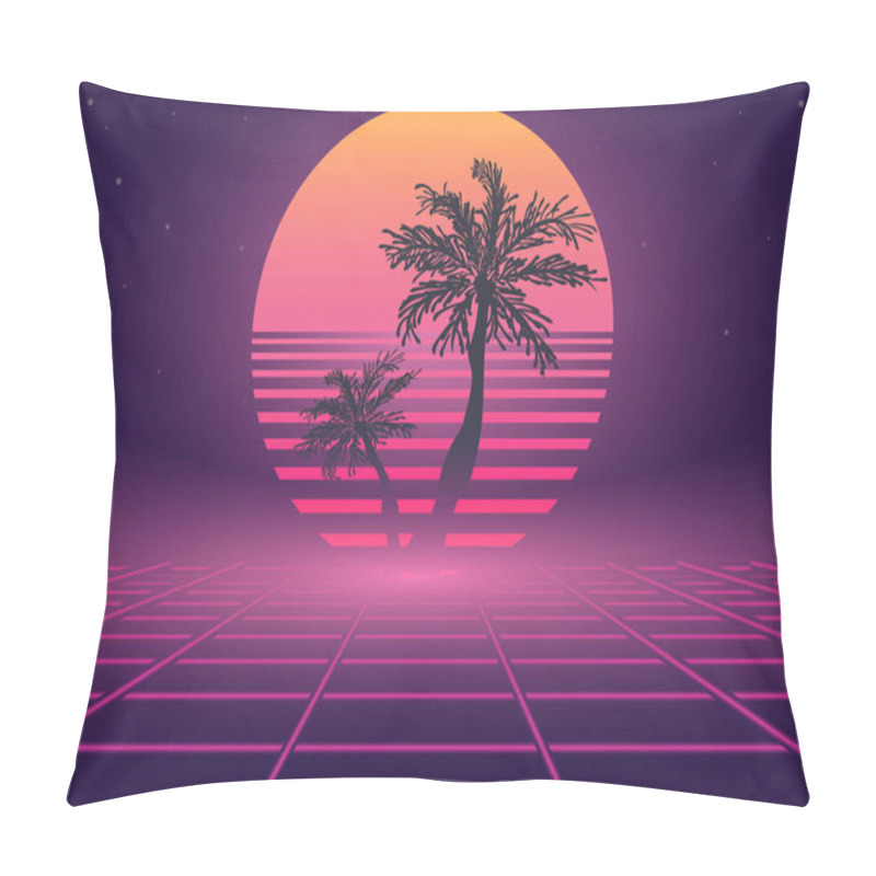 Personality   80s Retro Wave Neon Landscape With Palm Trees. Vector Image Pillow Covers