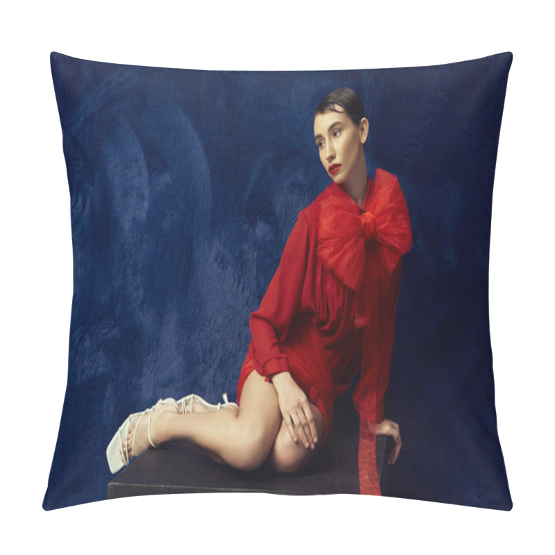 Personality  A Young Woman With Short Hair Poses In A Red Dress Against A Blue Background. Pillow Covers