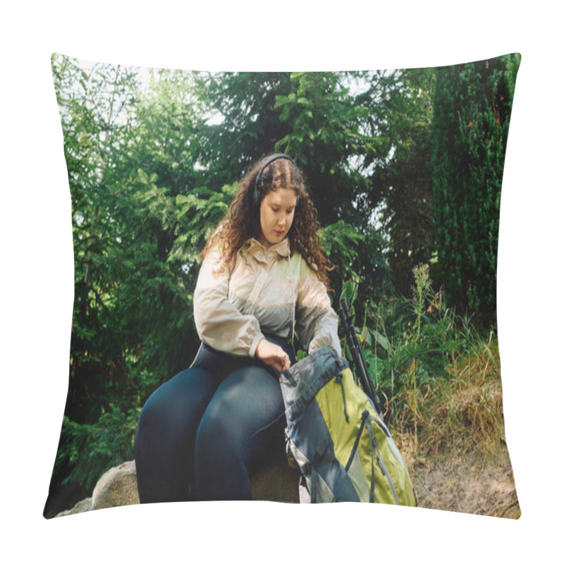 Personality  A Joyful Plus Size Woman Takes A Peaceful Moment In A Vibrant Natural Setting While Exploring. Pillow Covers