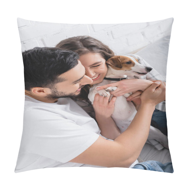 Personality  Pleased Interracial Couple Cuddling Jack Russell Terrier In Bedroom Pillow Covers