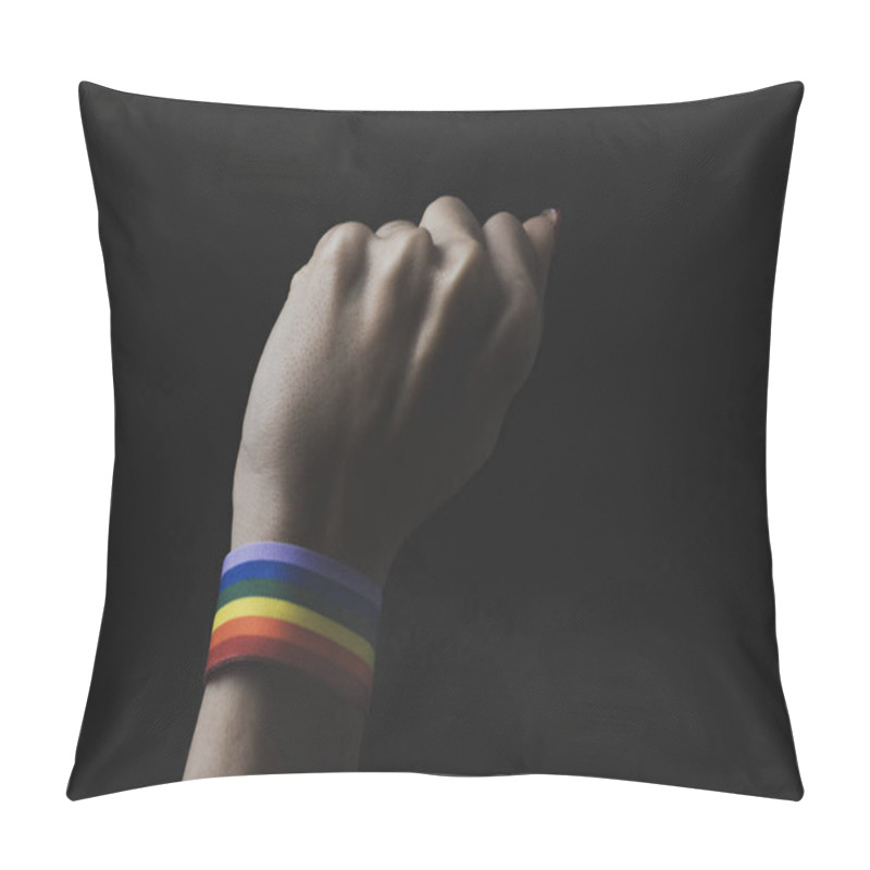 Personality  Closeup Of A Young Caucasian Woman With A Rainbow-patterned Ribbon Tied To His Wrist, Against A Black Background Pillow Covers