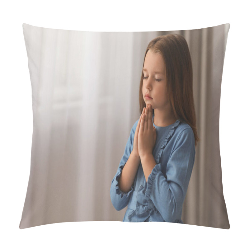 Personality  Cute Little Girl With Hands Clasped Together Praying Indoors. Space For Text Pillow Covers