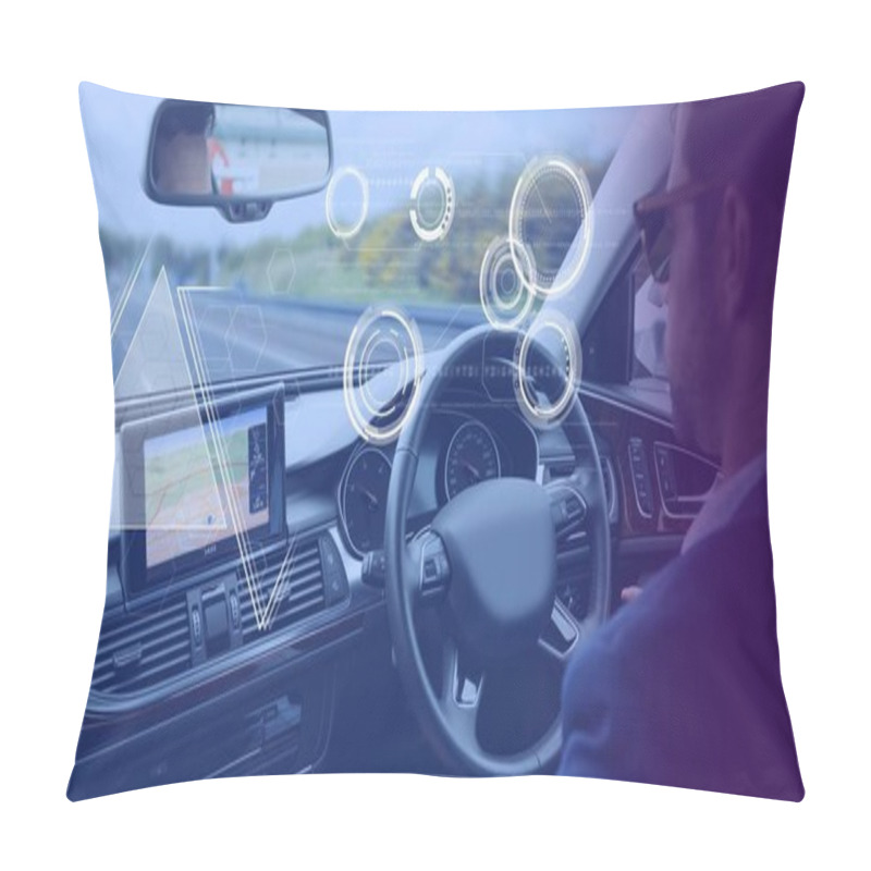 Personality  Digital Composite Of Man Driving In Car With Heads Up Display Interface Pillow Covers