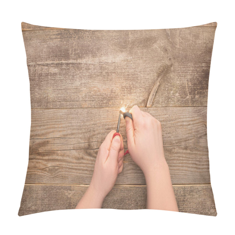 Personality  Partial View Of Man Lighting Spark On Wooden Table Pillow Covers