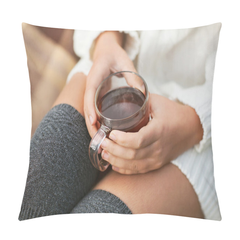 Personality  Girl Drinks Tea In Autumn Park. Pillow Covers