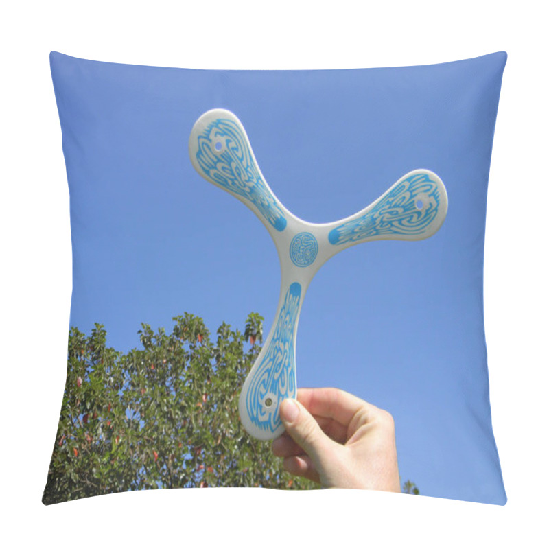 Personality  Man's Hand With Plastic Boomerang Read To Flight On A Blue Sky. Pillow Covers