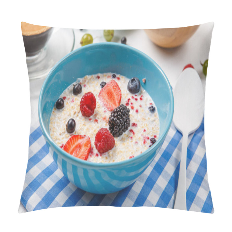 Personality  Photo Of Oatmeal With Strawberries, Raspberries, Blackberries On Plaid Napkin On White Table Pillow Covers