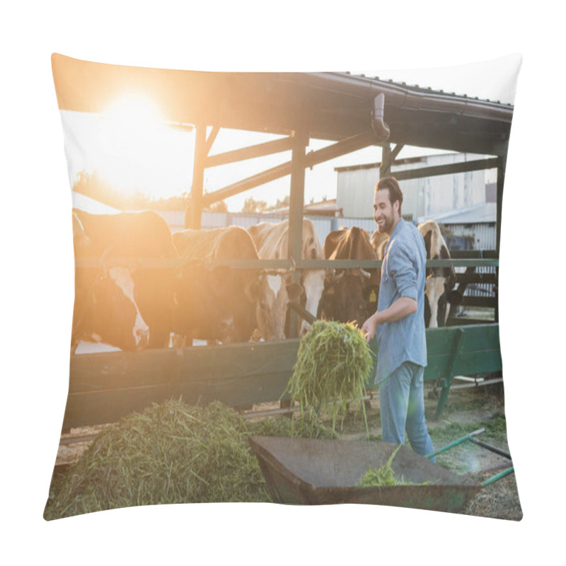 Personality  Smiling Farmer Unloading Hay Near Cows In Stall Pillow Covers