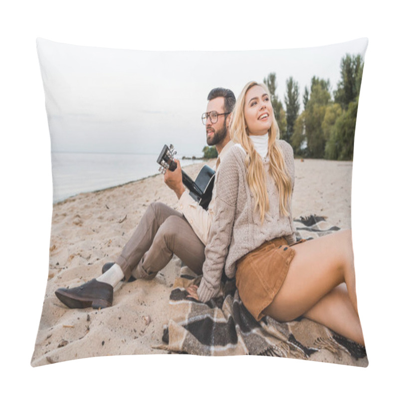 Personality  Handsome Boyfriend In Autumn Outfit Playing Acoustic Guitar For Smiling Girlfriend On Beach Pillow Covers