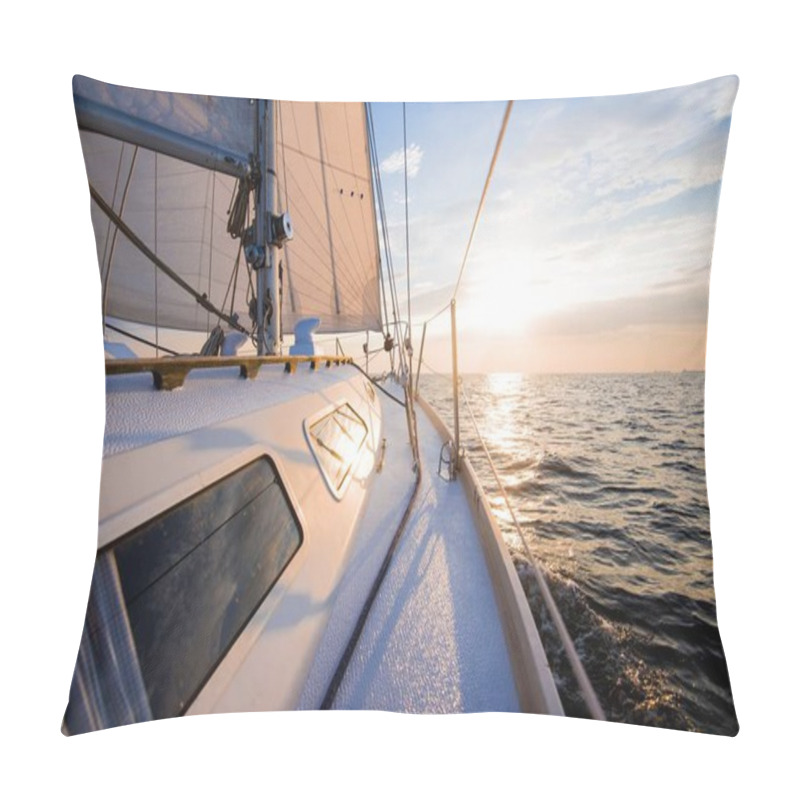 Personality  Sailing At Sunset. A View From The Yacht's Deck To The Bow And Sails. Baltic Sea, Latvia Pillow Covers