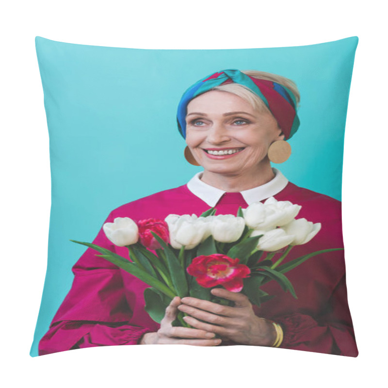 Personality  Attractive Smiling Senior Woman With Bouquet Of Spring Flowers, Isolated On Turquoise Pillow Covers