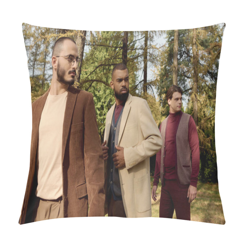 Personality  Three Handsome Men Showcase Their Fashionable Autumn Outfits In A Picturesque Natural Setting. Pillow Covers