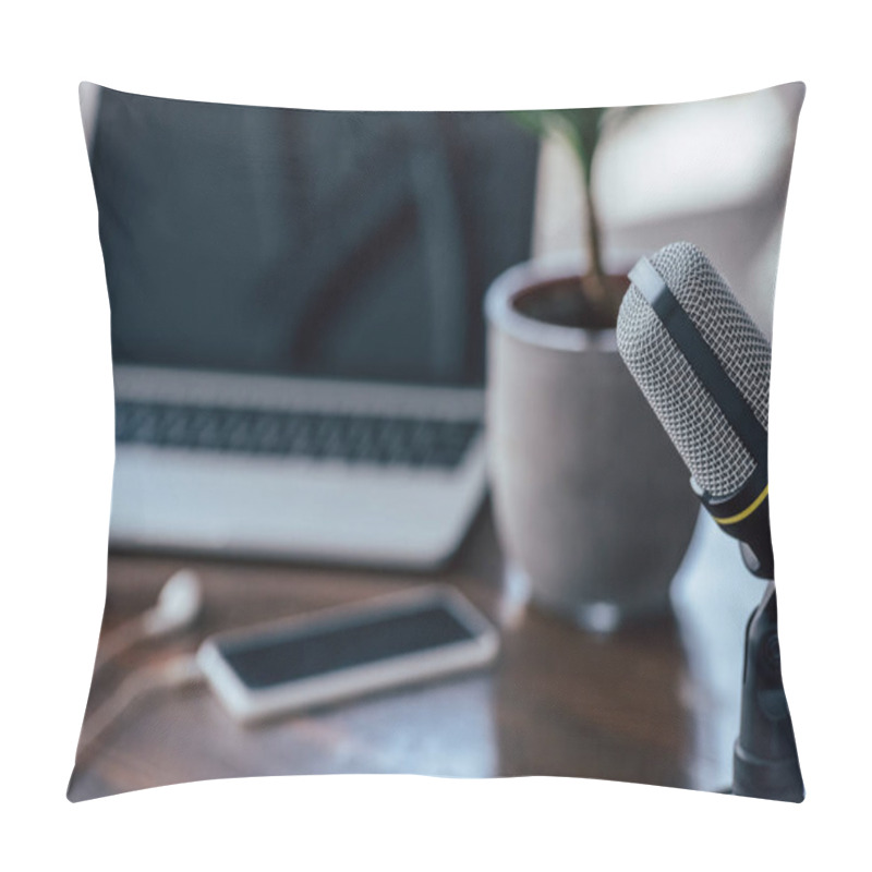 Personality  Selective Focus Of Microphone Near Laptop And Smartphone With Blank Screen On Wooden Table Pillow Covers