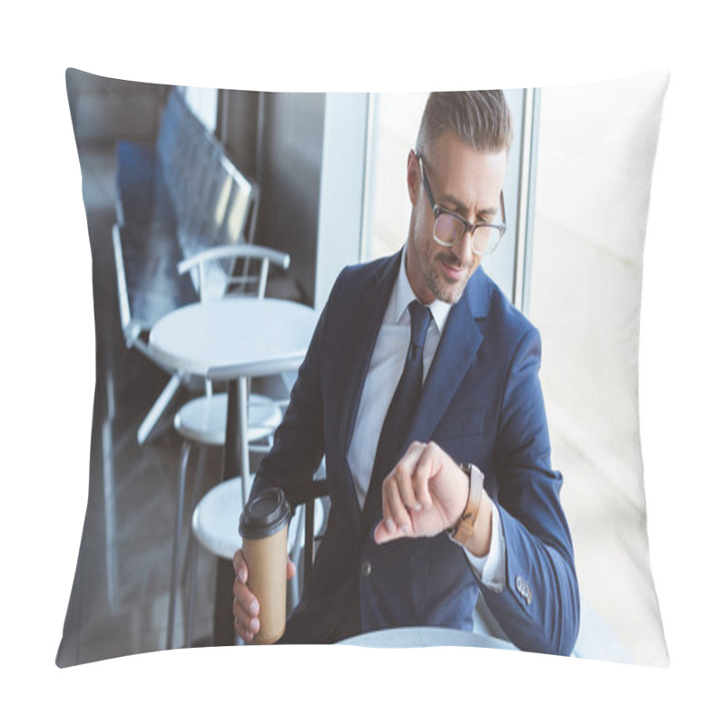 Personality  Handsome Businessman In Glasses Holding Coffee To Go And Looking At Watches On Hand Pillow Covers