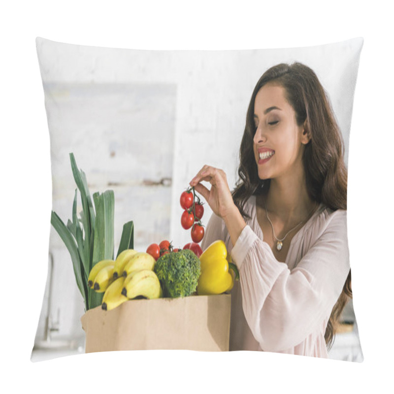 Personality  Happy Young Woman Holding Red Cherry Tomatoes  Pillow Covers