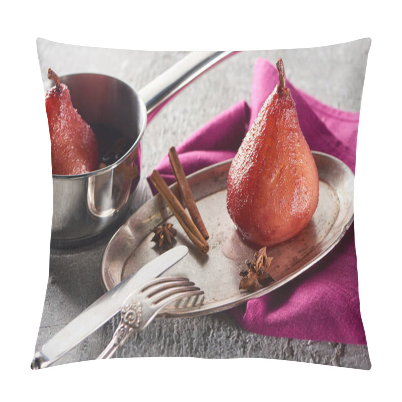 Personality  Delicious Pear In Wine With Cinnamon And Anise On Silver Plate And In Stewpot On Grey Concrete Surface With Pink Napkin, Knife And Fork Pillow Covers