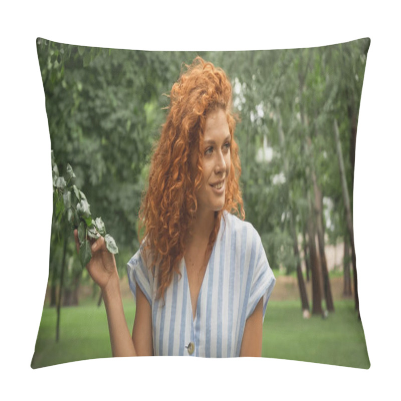 Personality  Happy Redhead Woman Touching Green Leaves On Tree Pillow Covers