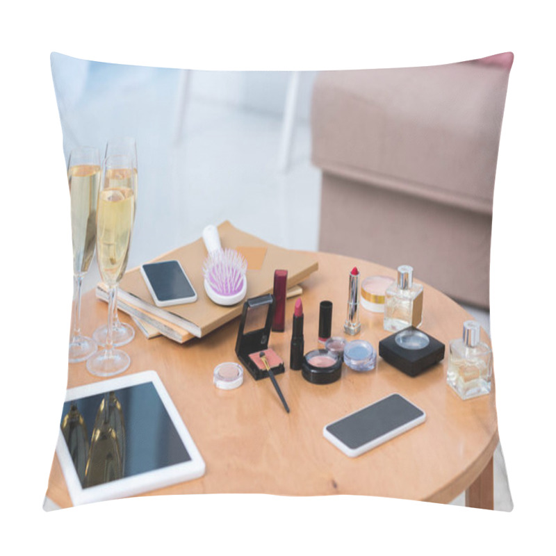 Personality  Close-up View Of Digital Devices, Glasses Of Champagne And Cosmetics On Table    Pillow Covers