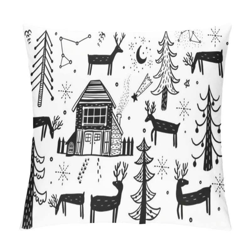 Personality  Vector Hand Drawn Forest Winter Set. Elements For The Design Of Christmas Pine, Spruce, Deer, House Forester. Doodle Style. Cute Illustration. Pillow Covers