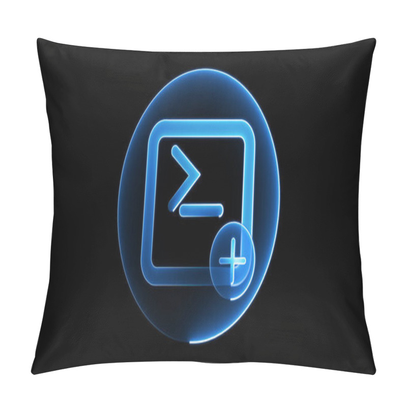 Personality  A Glowing Blue Icon Of A Command Prompt With A Plus Sign On A Black Background. Pillow Covers