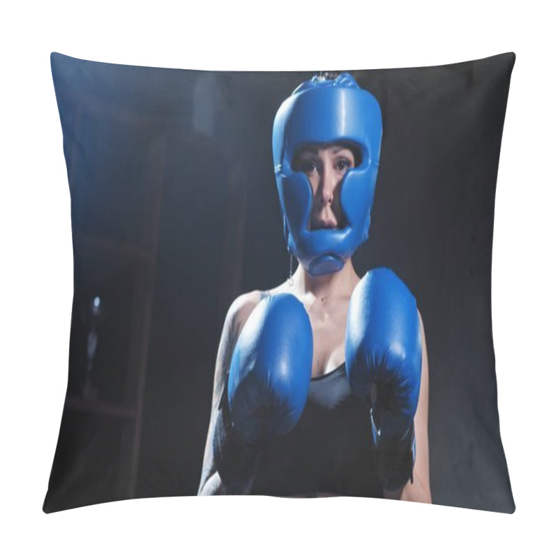 Personality  Tattooed Woman In Protective Soft Helmet And Boxer Gloves Stands In The Fight Pose Pillow Covers