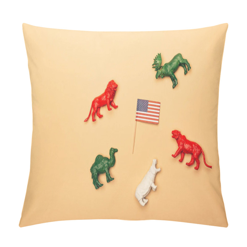 Personality  Top View Of Toy Animals With American Flag On Yellow Background, Animal Welfare Concept Pillow Covers