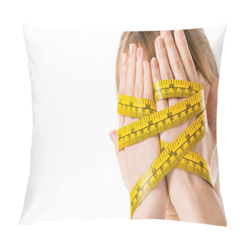 Personality  Close-up Shot Of Woman Covering Face With Hands Tied In Measuring Tape Isolated On White Pillow Covers