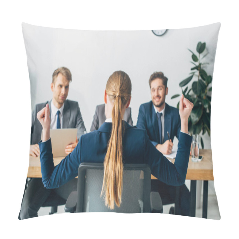 Personality  Selective Focus Of Employee Showing Yeah Gesture Near Smiling Recruiters At Table  Pillow Covers