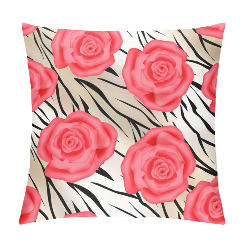 Personality  Pink Roses On Tiger Wild Skin Leather Seamless Pattern Pillow Covers